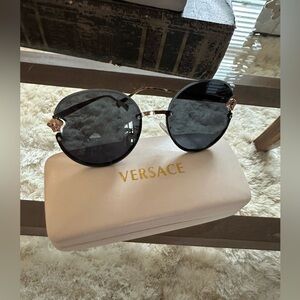 Versace Black and Gold Logo Round Sunglasses